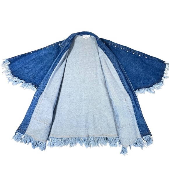 VTG CELE'S COLLECTION Silver Stud Denim Fringe Poncho Jacket Women's Size L - Picture 10 of 16